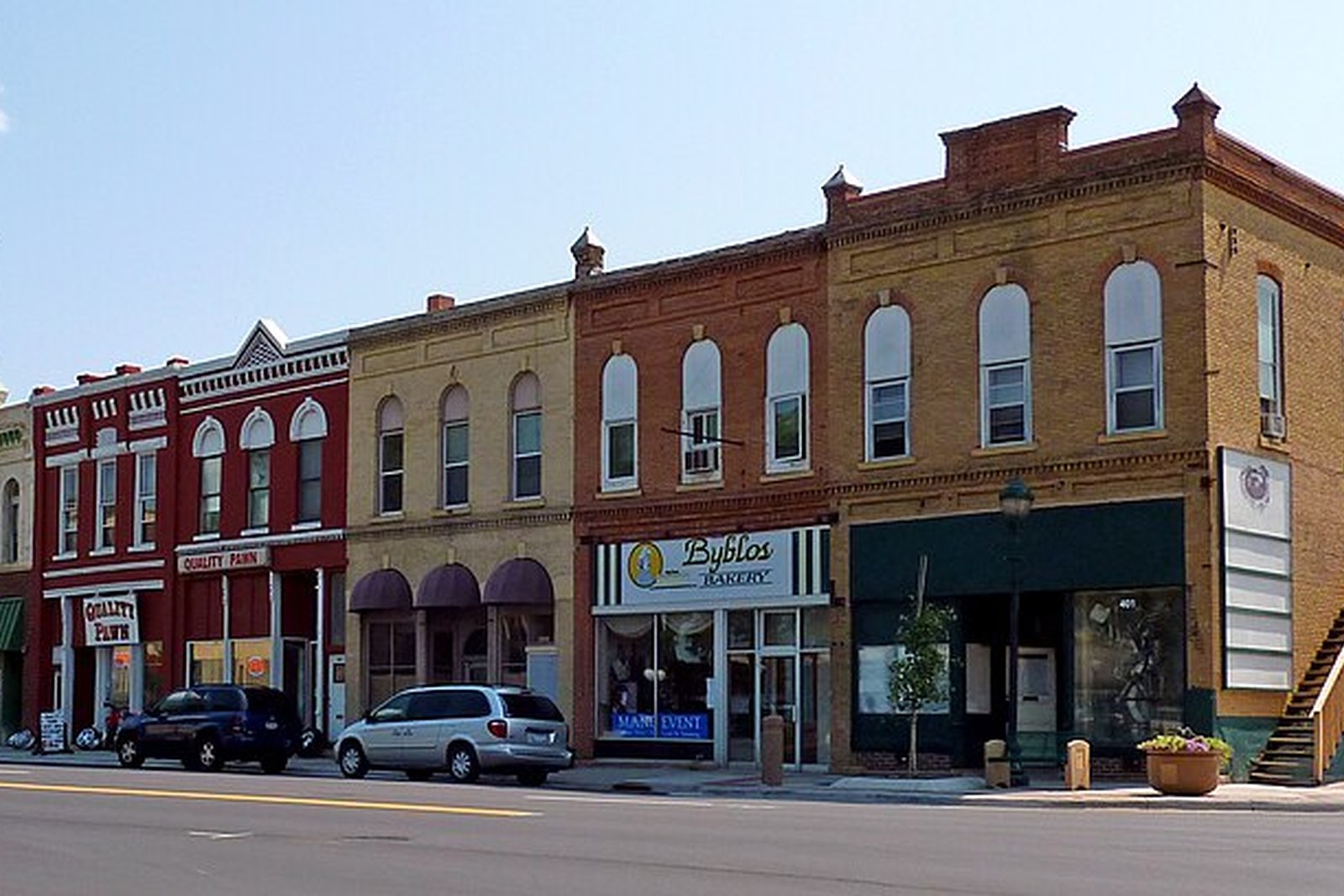 Historic brick storefronts along Mankato’s North Front Street commercial district.